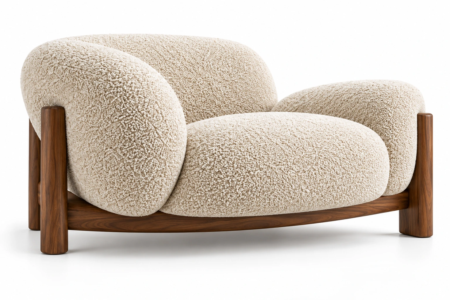 Illustrative cream boucle lounge chair with a sculptural walnut frame on a white studio background