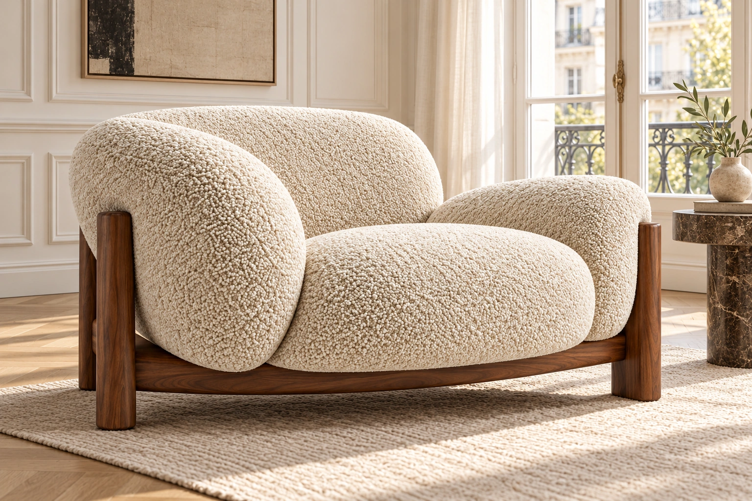 The same cream boucle chair in a warm sunlit interior