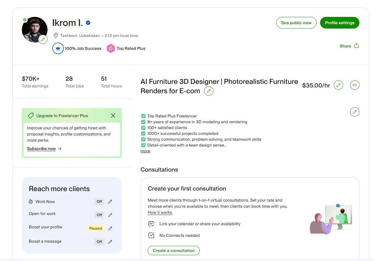 Upwork profile screenshot supplied by Ikrom, showing $70K+ total earnings, 100% Job Success and Top Rated Plus